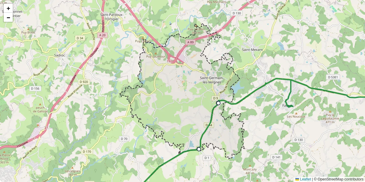 Carte du réseau de transport en commun à Saint-Germain-les-Vergnes - lignes de bus et arrêts
