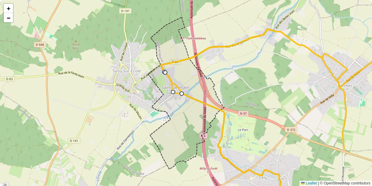 Carte du réseau de transport en commun à Saint-Germain-sur-École - lignes de bus et arrêts
