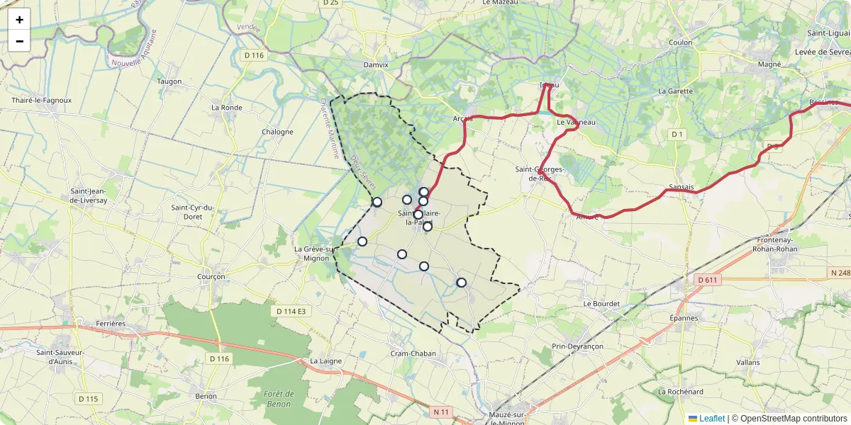 Carte du réseau de transport en commun à Saint-Hilaire-la-Palud - lignes de bus et arrêts