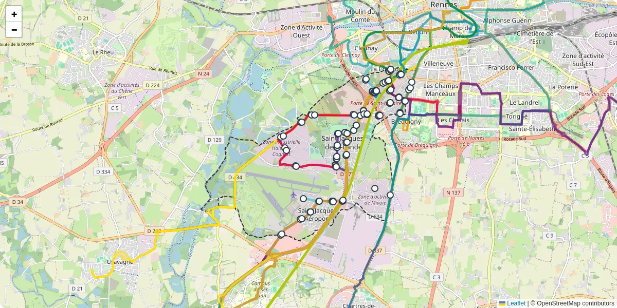 Carte du réseau de transport en commun à Saint-Jacques-de-la-Lande - lignes de bus et arrêts