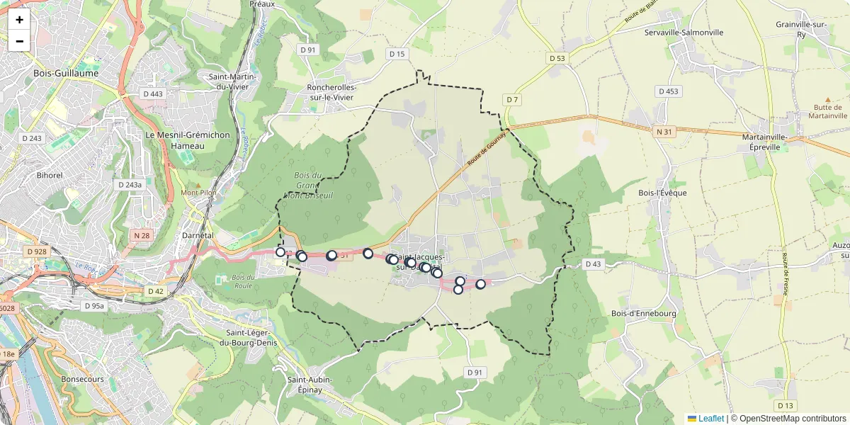Carte du réseau de transport en commun à Saint-Jacques-sur-Darnétal - lignes de bus et arrêts