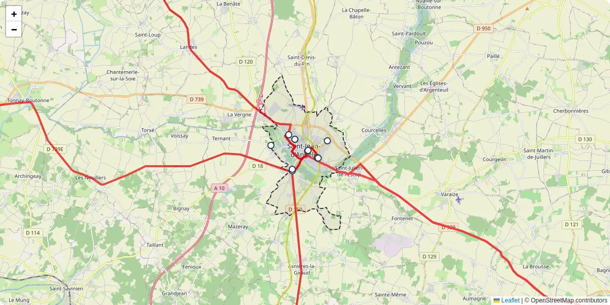 Carte du réseau de transport en commun à Saint-Jean-d'Angély - lignes de bus et arrêts