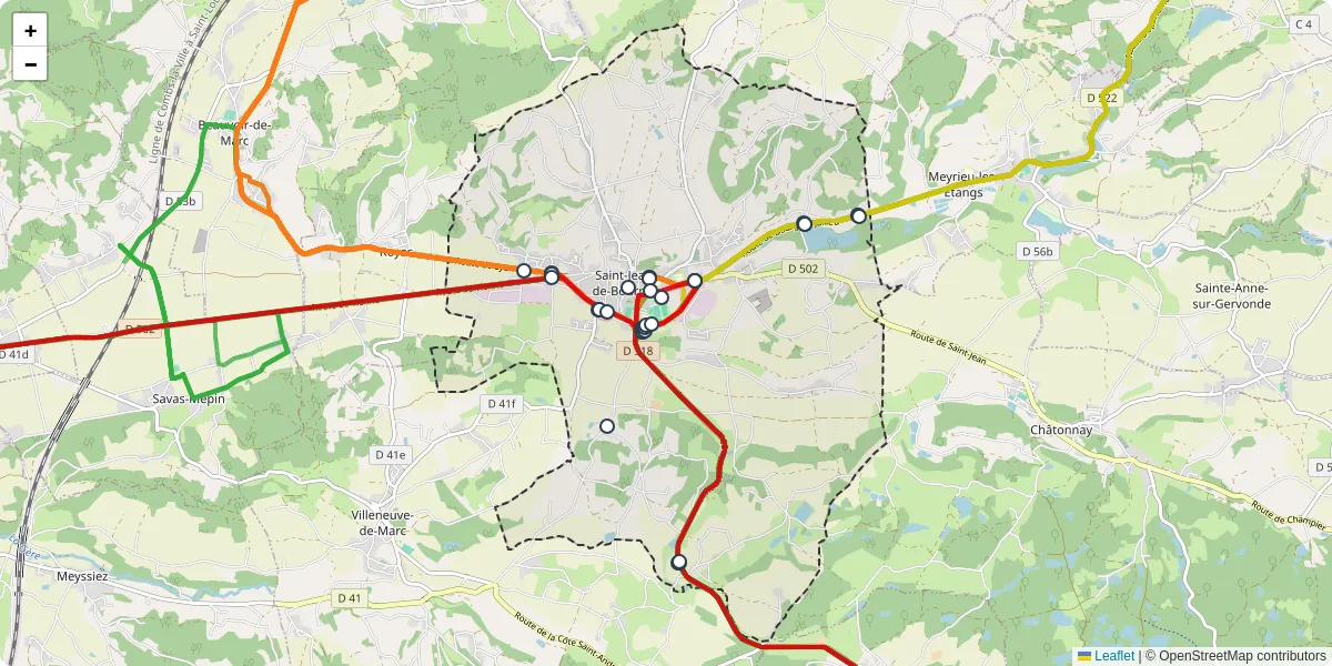 Carte du réseau de transport en commun à Saint-Jean-de-Bournay - lignes de bus et arrêts