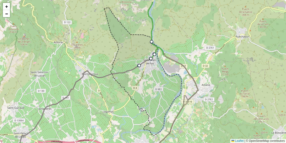 Carte du réseau de transport en commun à Saint-Jean-de-Fos - lignes de bus et arrêts