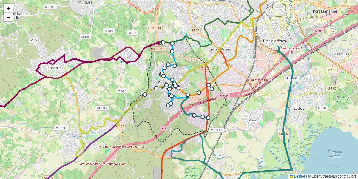 Carte du réseau de transport en commun à Saint-Jean-de-Védas - lignes de bus et arrêts