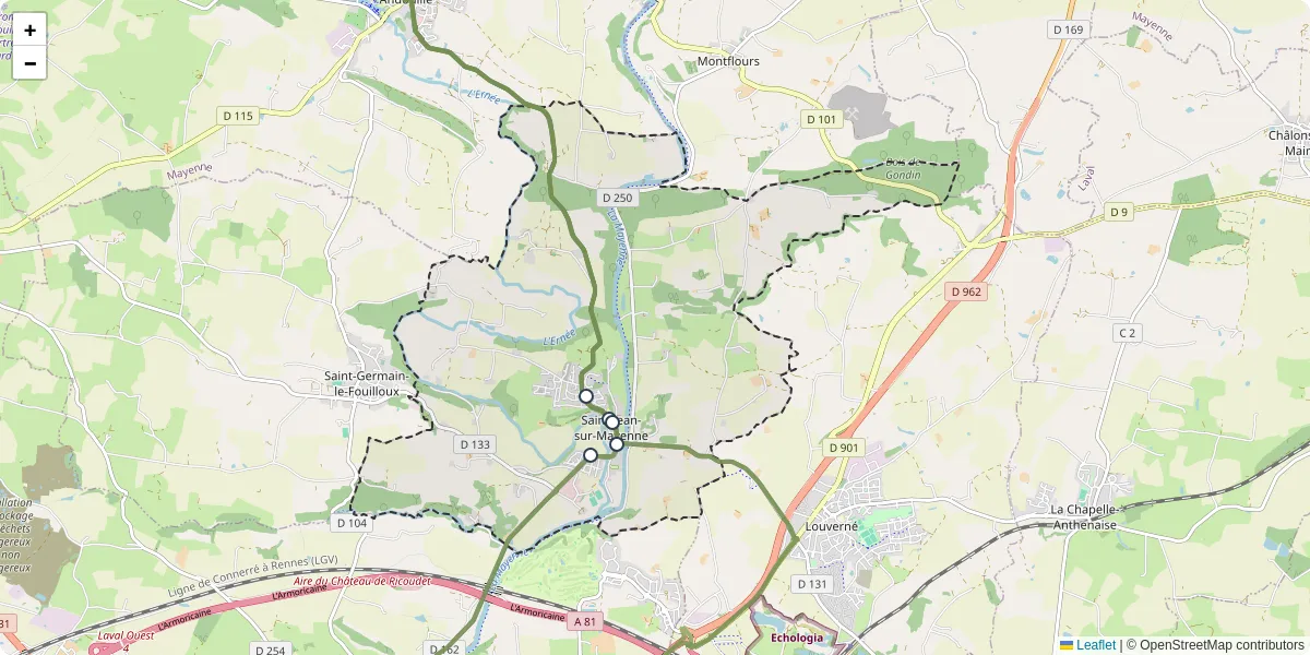 Carte du réseau de transport en commun à Saint-Jean-sur-Mayenne - lignes de bus et arrêts