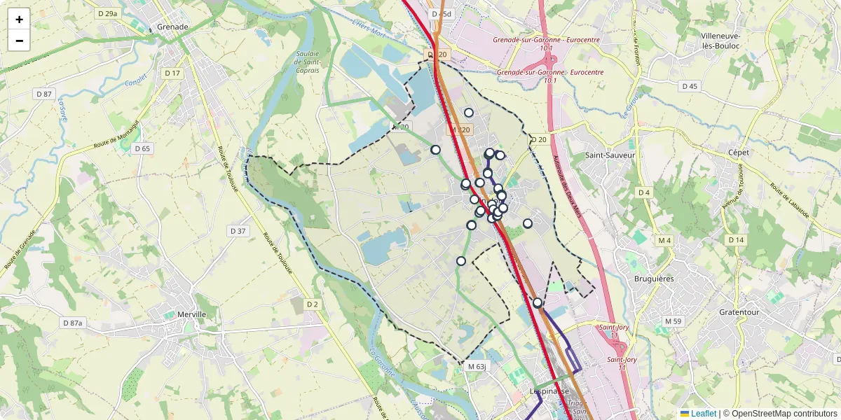 Carte du réseau de transport en commun à Saint-Jory - lignes de bus et arrêts