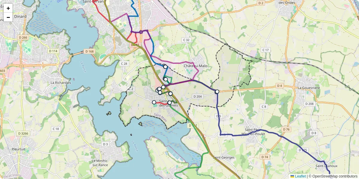 Carte du réseau de transport en commun à Saint-Jouan-des-Guérets - lignes de bus et arrêts