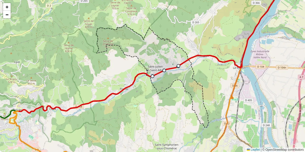 Carte du réseau de transport en commun à Saint-Julien-en-Saint-Alban - lignes de bus et arrêts