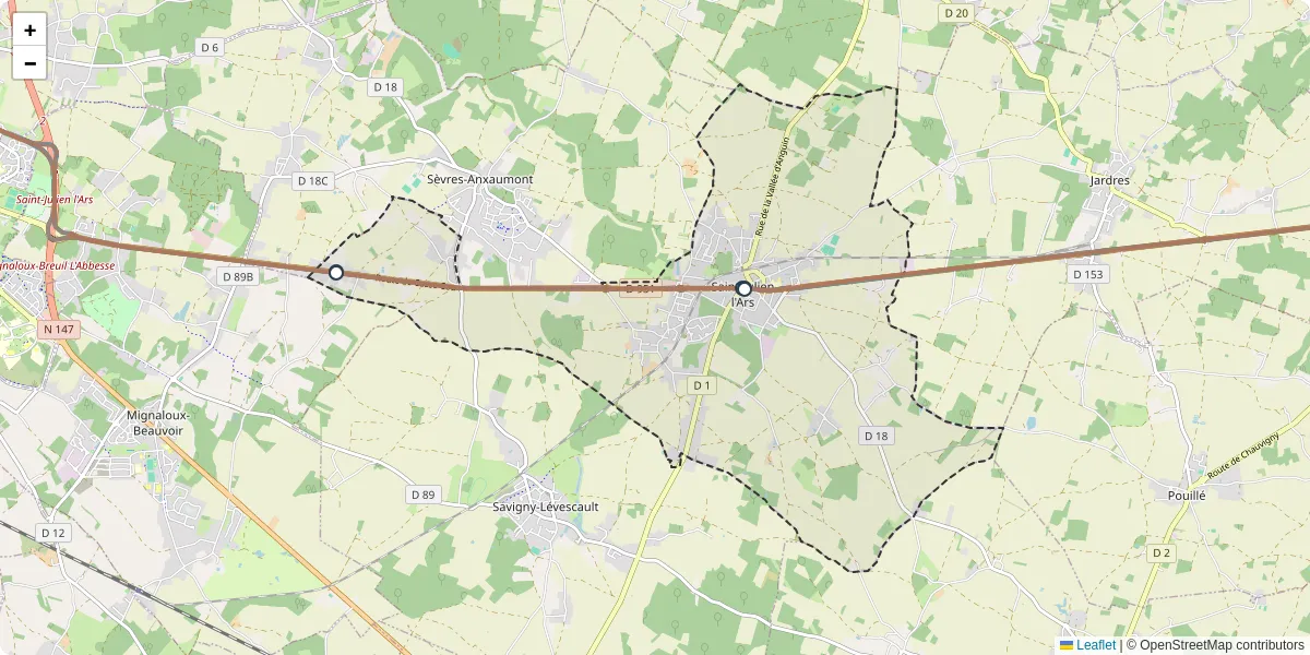 Carte du réseau de transport en commun à Saint-Julien-l'Ars - lignes de bus et arrêts