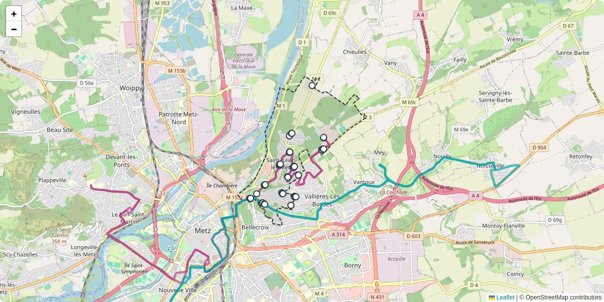 Carte du réseau de transport en commun à Saint-Julien-lès-Metz - lignes de bus et arrêts