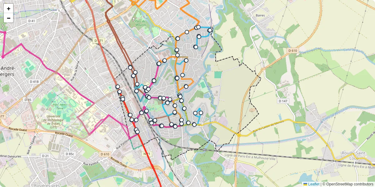 Carte du réseau de transport en commun à Saint-Julien-les-Villas - lignes de bus et arrêts