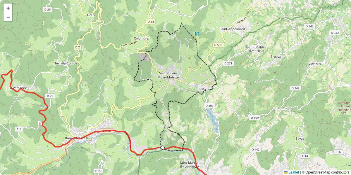 Carte du réseau de transport en commun à Saint-Julien-Molin-Molette - lignes de bus et arrêts