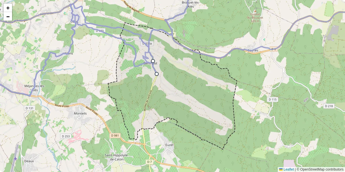 Carte du réseau de transport en commun à Saint-Just-et-Vacquières - lignes de bus et arrêts