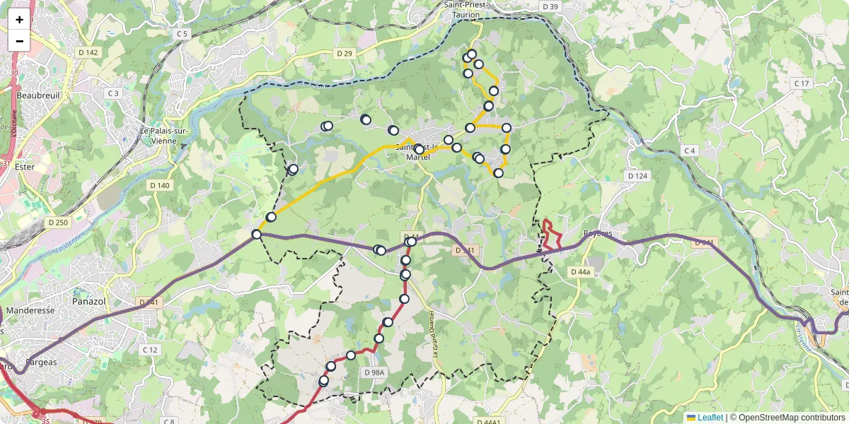 Carte du réseau de transport en commun à Saint-Just-le-Martel - lignes de bus et arrêts