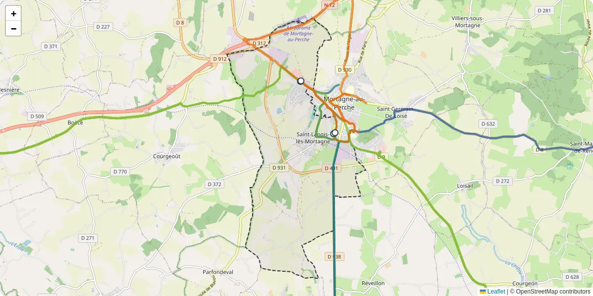 Carte du réseau de transport en commun à Saint-Langis-lès-Mortagne - lignes de bus et arrêts