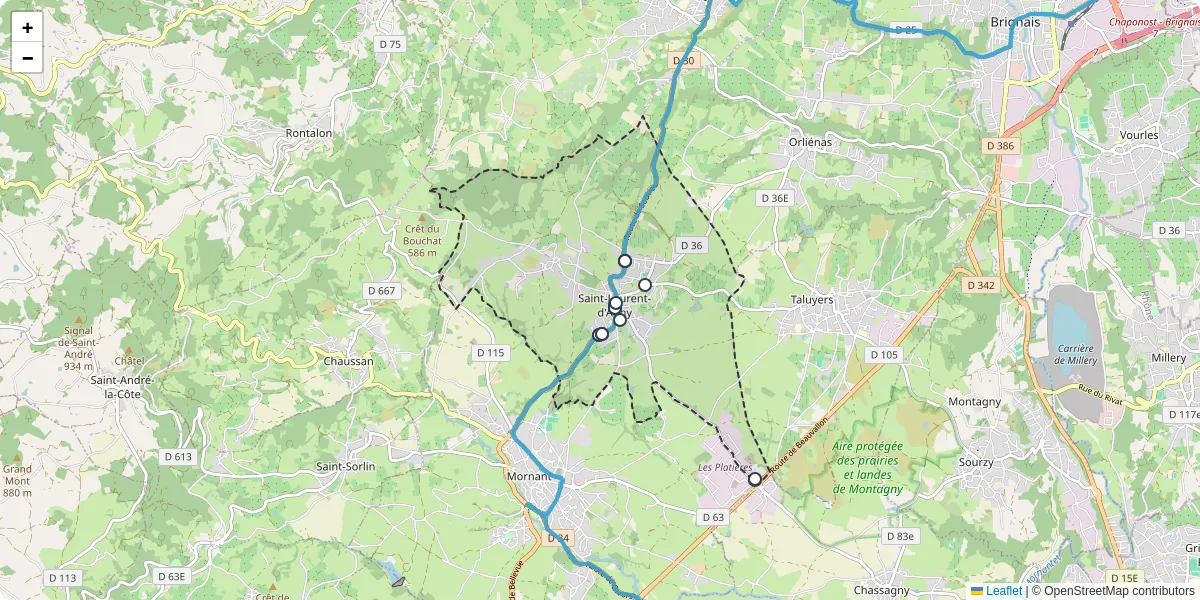 Carte du réseau de transport en commun à Saint-Laurent-d'Agny - lignes de bus et arrêts