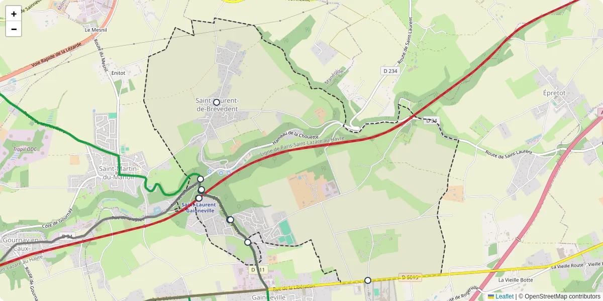 Carte du réseau de transport en commun à Saint-Laurent-de-Brèvedent - lignes de bus et arrêts