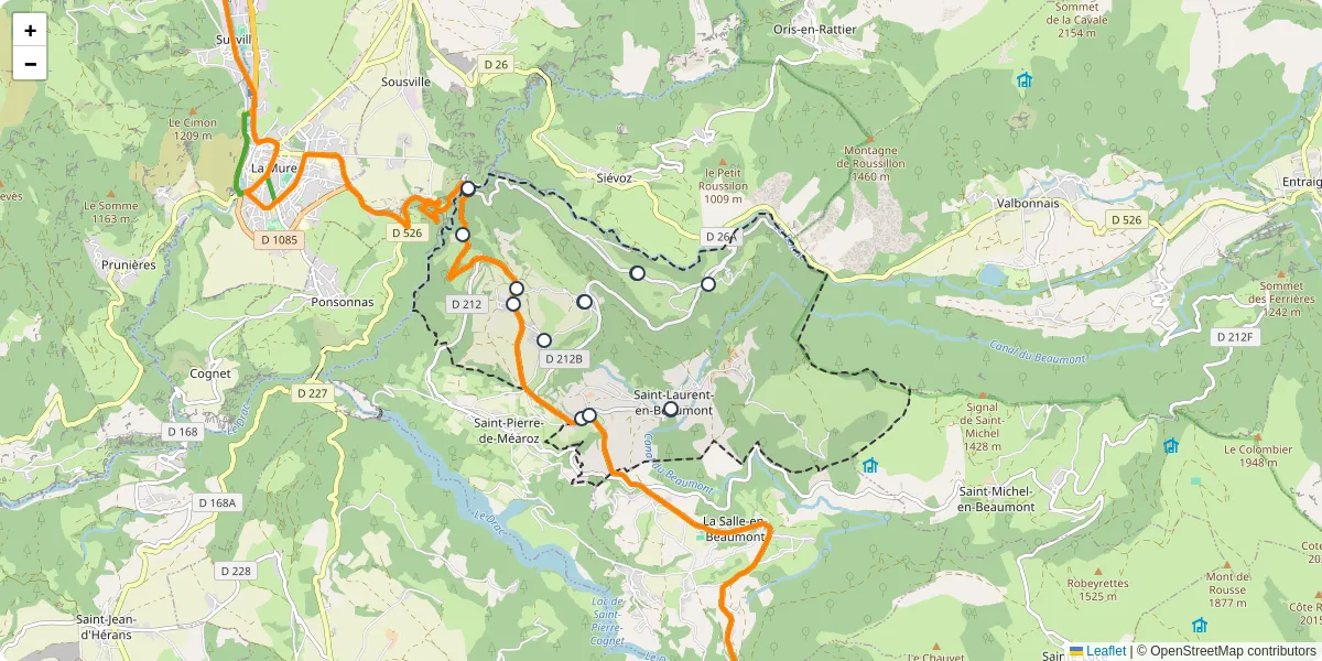 Carte du réseau de transport en commun à Saint-Laurent-en-Beaumont - lignes de bus et arrêts