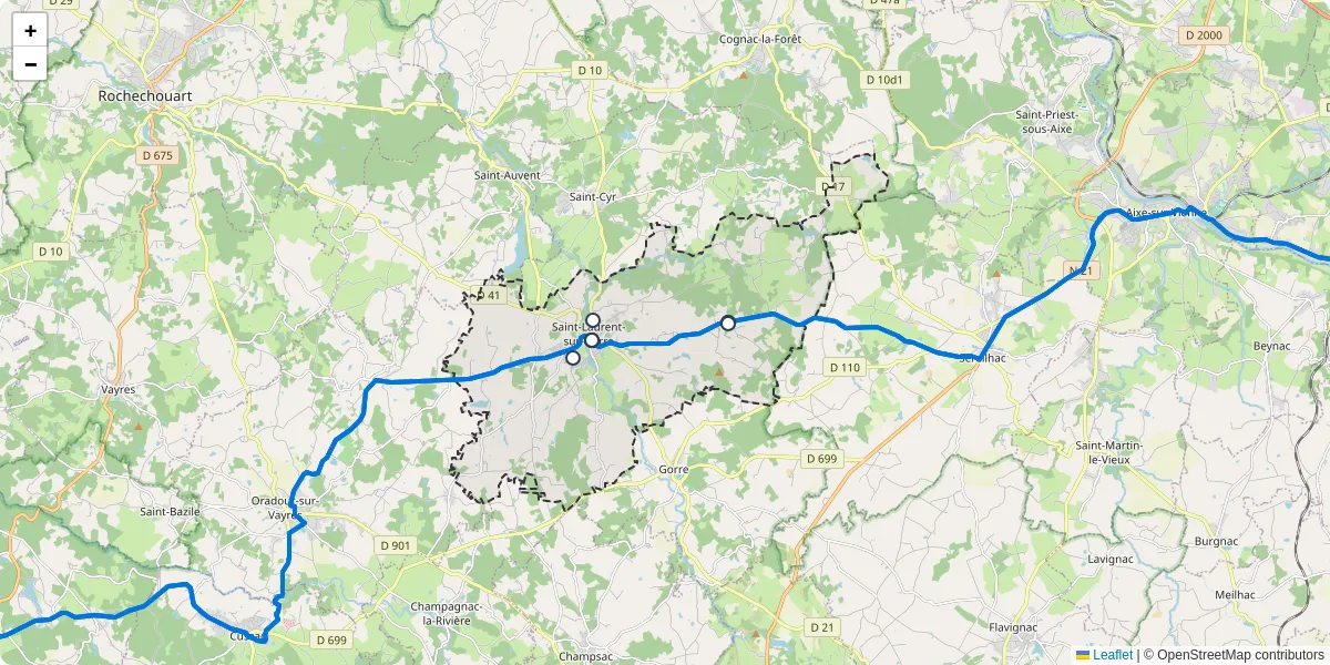 Carte du réseau de transport en commun à Saint-Laurent-sur-Gorre - lignes de bus et arrêts