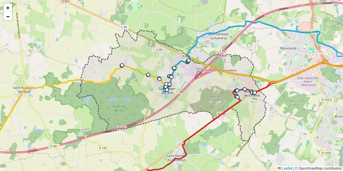 Carte du réseau de transport en commun à Saint-Léger-de-Linières - lignes de bus et arrêts