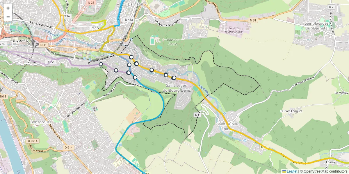 Carte du réseau de transport en commun à Saint-Léger-du-Bourg-Denis - lignes de bus et arrêts