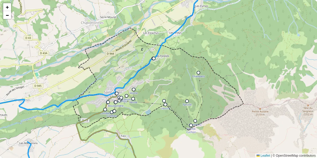 Carte du réseau de transport en commun à Saint-Léger-les-Mélèzes - lignes de bus et arrêts