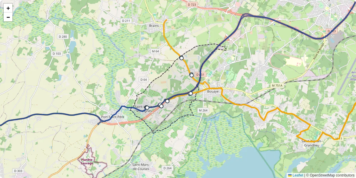 Carte du réseau de transport en commun à Saint-Léger-les-Vignes - lignes de bus et arrêts