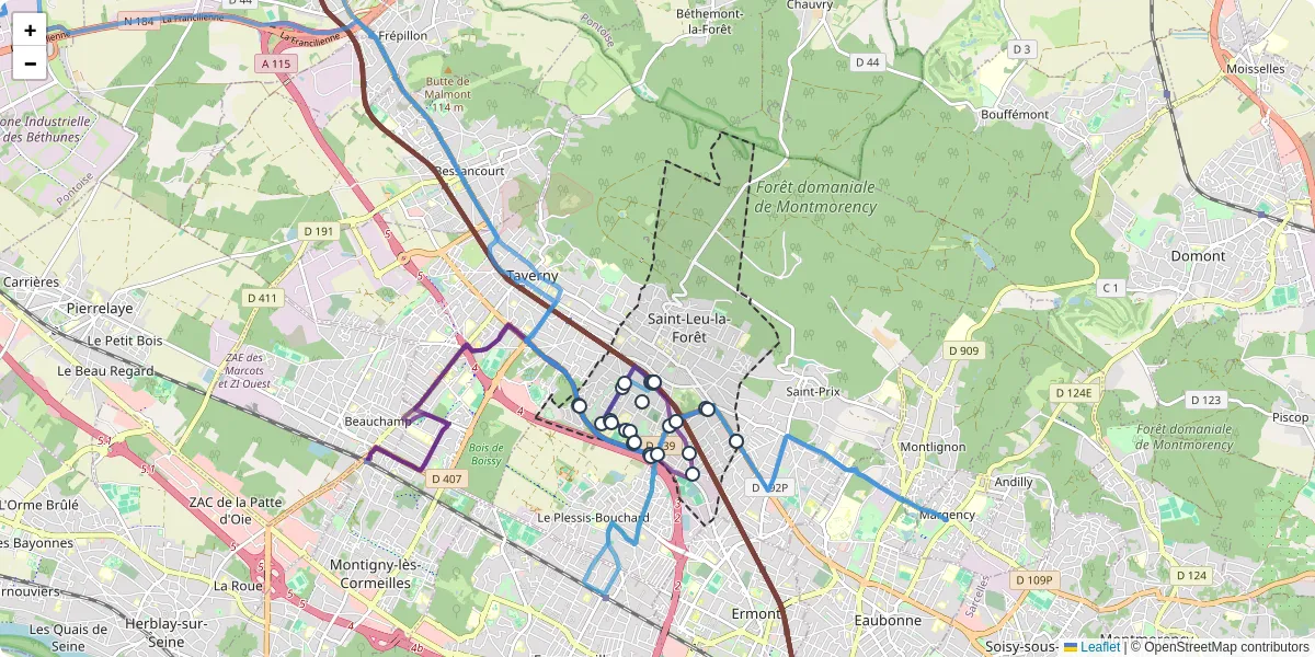 Carte du réseau de transport en commun à Saint-Leu-la-Forêt - lignes de bus et arrêts