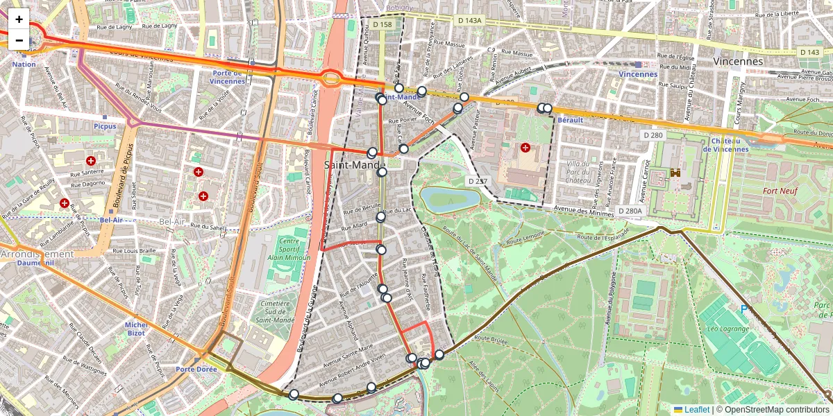 Carte du réseau de transport en commun à Saint-Mandé - lignes de bus et arrêts