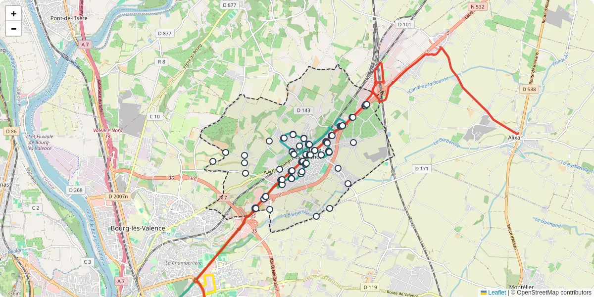 Carte du réseau de transport en commun à Saint-Marcel-lès-Valence - lignes de bus et arrêts