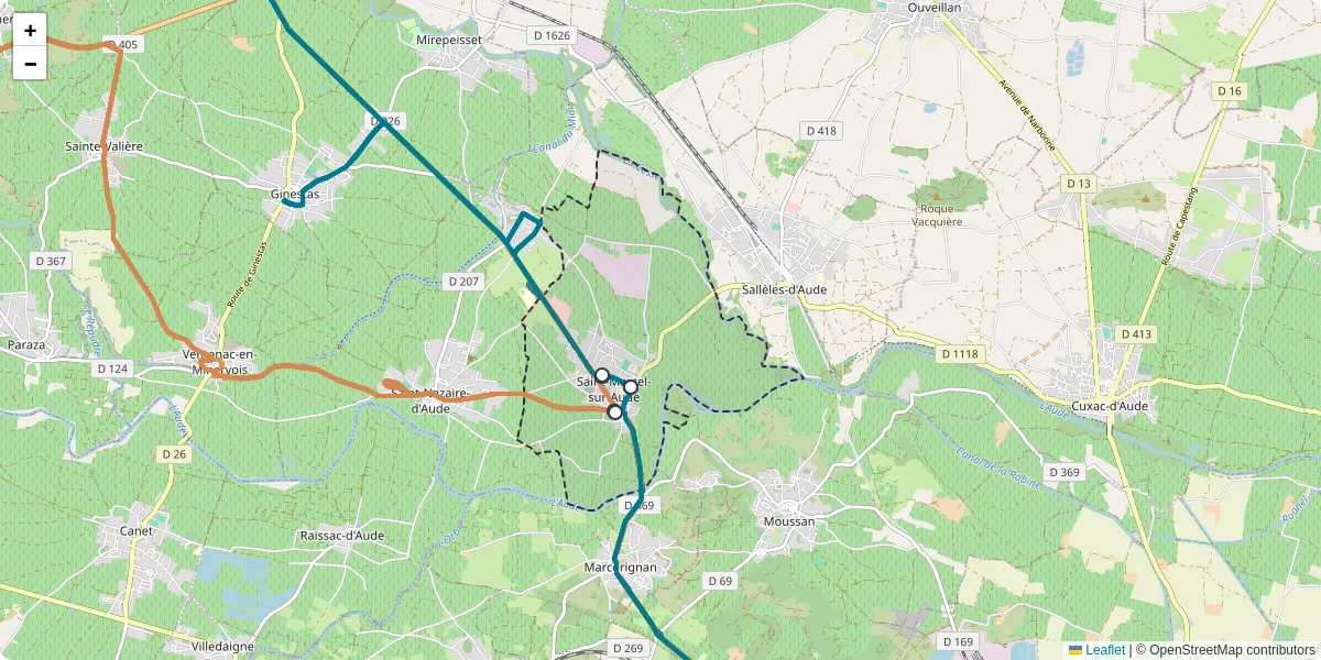 Carte du réseau de transport en commun à Saint-Marcel-sur-Aude - lignes de bus et arrêts