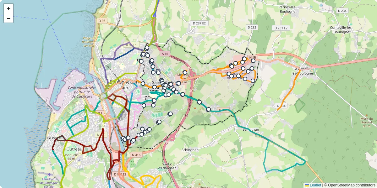 Carte du réseau de transport en commun à Saint-Martin-Boulogne - lignes de bus et arrêts