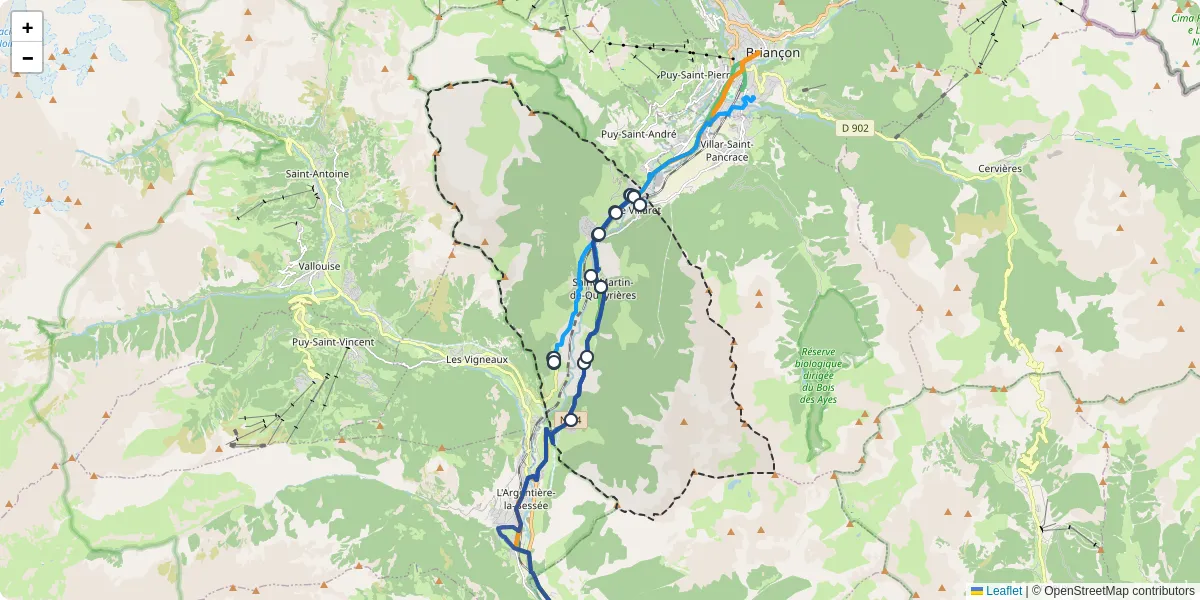 Carte du réseau de transport en commun à Saint-Martin-de-Queyrières - lignes de bus et arrêts