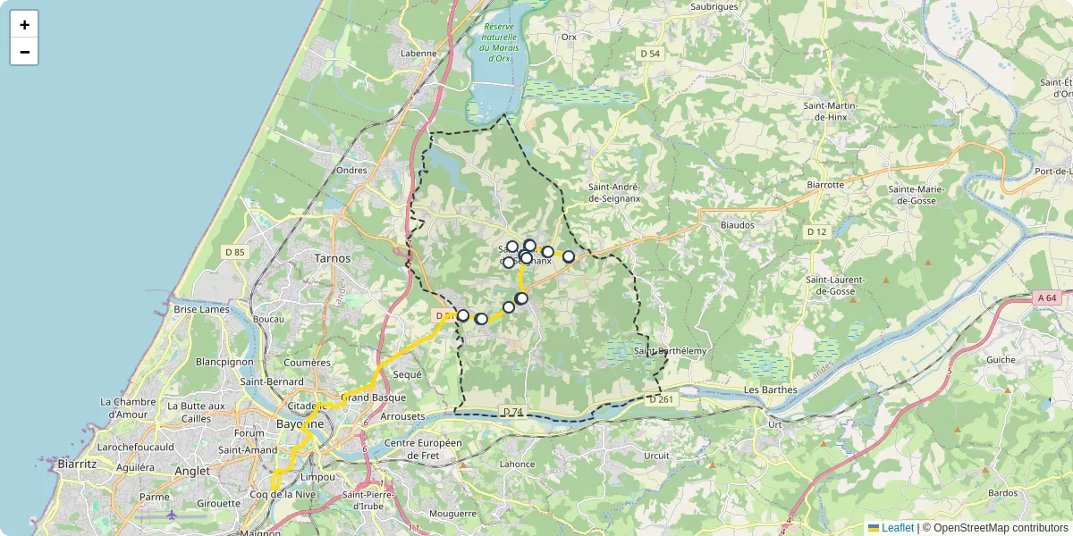 Carte du réseau de transport en commun à Saint-Martin-de-Seignanx - lignes de bus et arrêts