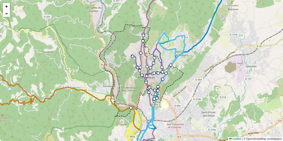 Carte du réseau de transport en commun à Saint-Martin-de-Valgalgues - lignes de bus et arrêts