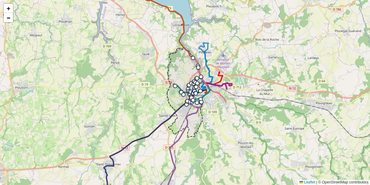 Carte du réseau de transport en commun à Saint-Martin-des-Champs - lignes de bus et arrêts