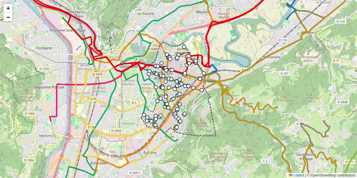 Carte du réseau de transport en commun à Saint-Martin-d'Hères - lignes de bus et arrêts