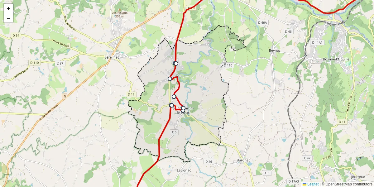 Carte du réseau de transport en commun à Saint-Martin-le-Vieux - lignes de bus et arrêts