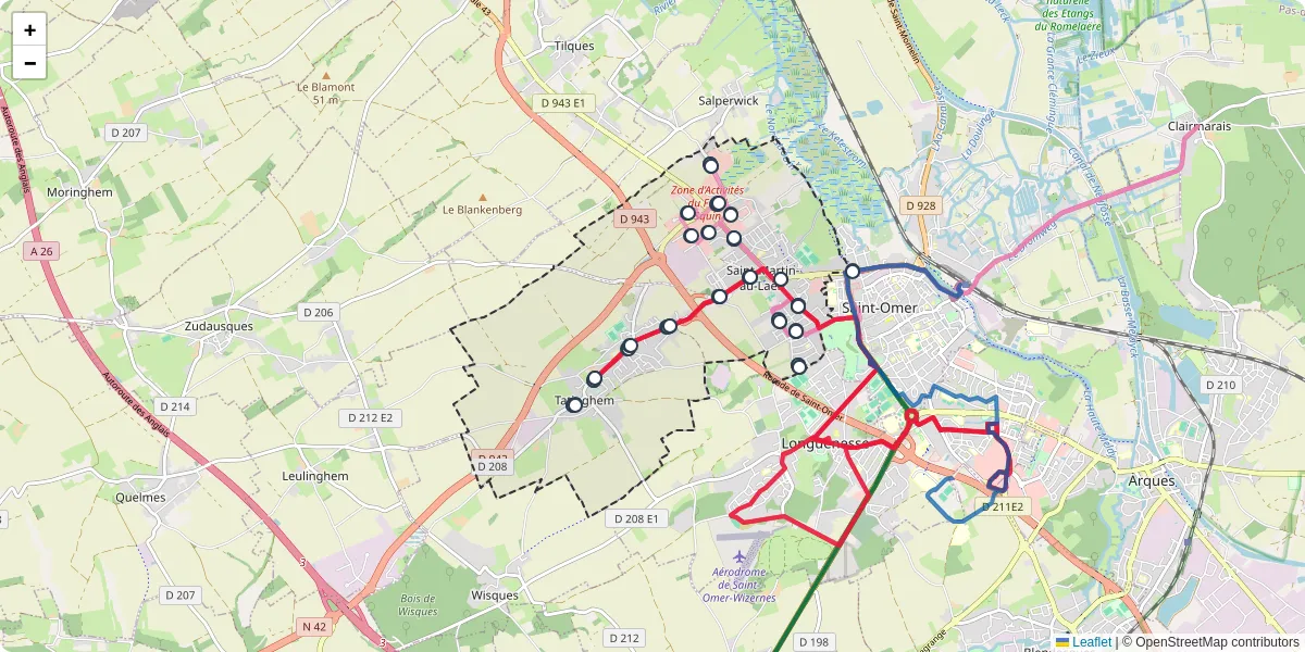 Carte du réseau de transport en commun à Saint-Martin-lez-Tatinghem - lignes de bus et arrêts