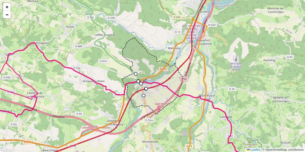 Carte du réseau de transport en commun à Saint-Martory - lignes de bus et arrêts