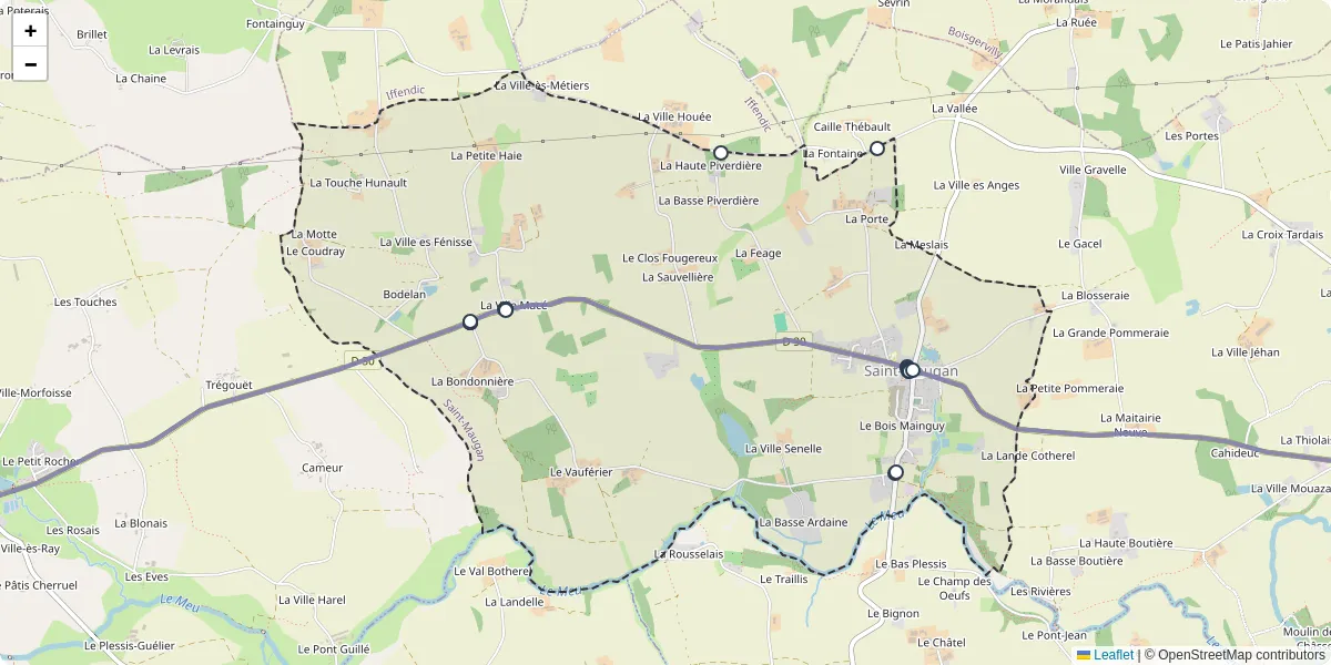 Carte du réseau de transport en commun à Saint-Maugan - lignes de bus et arrêts