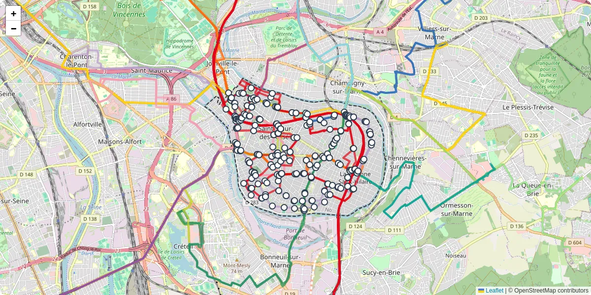 Carte du réseau de transport en commun à Saint-Maur-des-Fossés - lignes de bus et arrêts