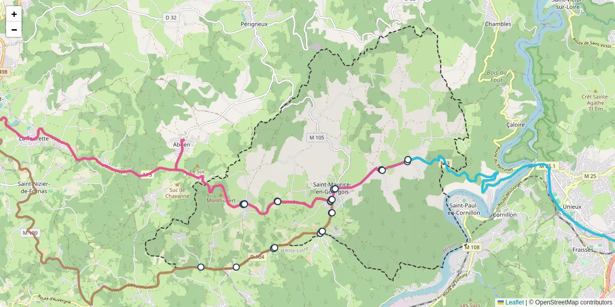 Carte du réseau de transport en commun à Saint-Maurice-en-Gourgois - lignes de bus et arrêts