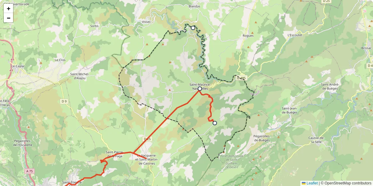 Carte du réseau de transport en commun à Saint-Maurice-Navacelles - lignes de bus et arrêts