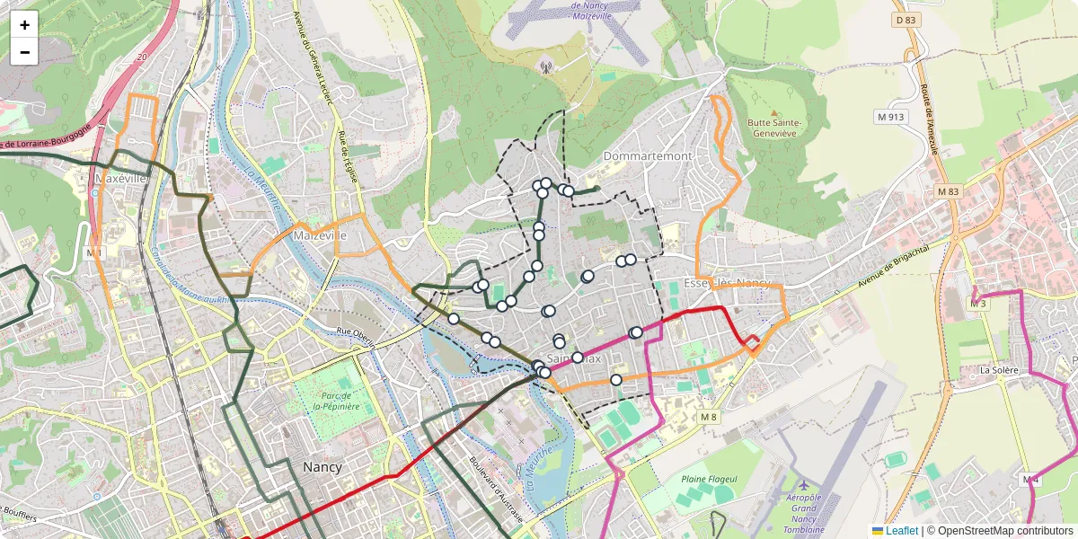 Carte du réseau de transport en commun à Saint-Max - lignes de bus et arrêts