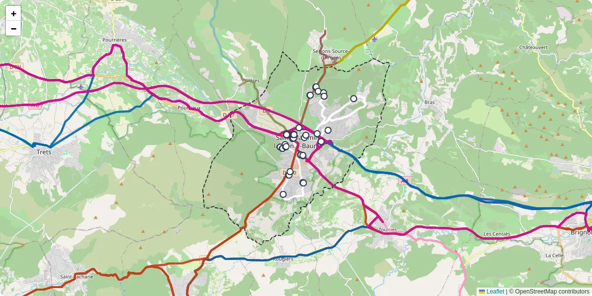 Carte du réseau de transport en commun à Saint-Maximin-la-Sainte-Baume - lignes de bus et arrêts