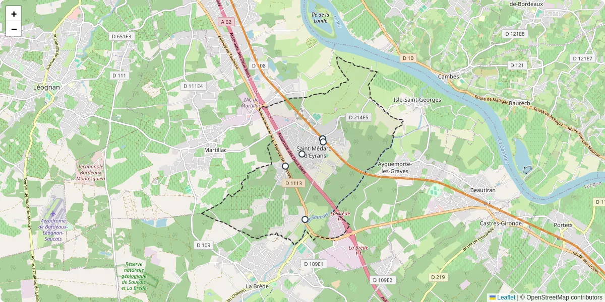 Carte du réseau de transport en commun à Saint-Médard-d'Eyrans - lignes de bus et arrêts
