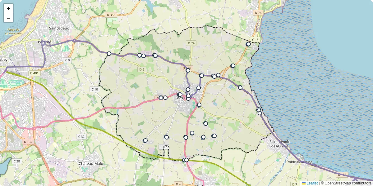 Carte du réseau de transport en commun à Saint-Méloir-des-Ondes - lignes de bus et arrêts