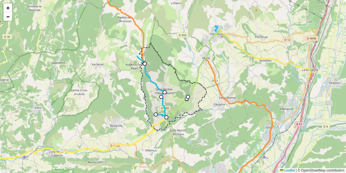 Carte du réseau de transport en commun à Saint-Michel-l'Observatoire - lignes de bus et arrêts